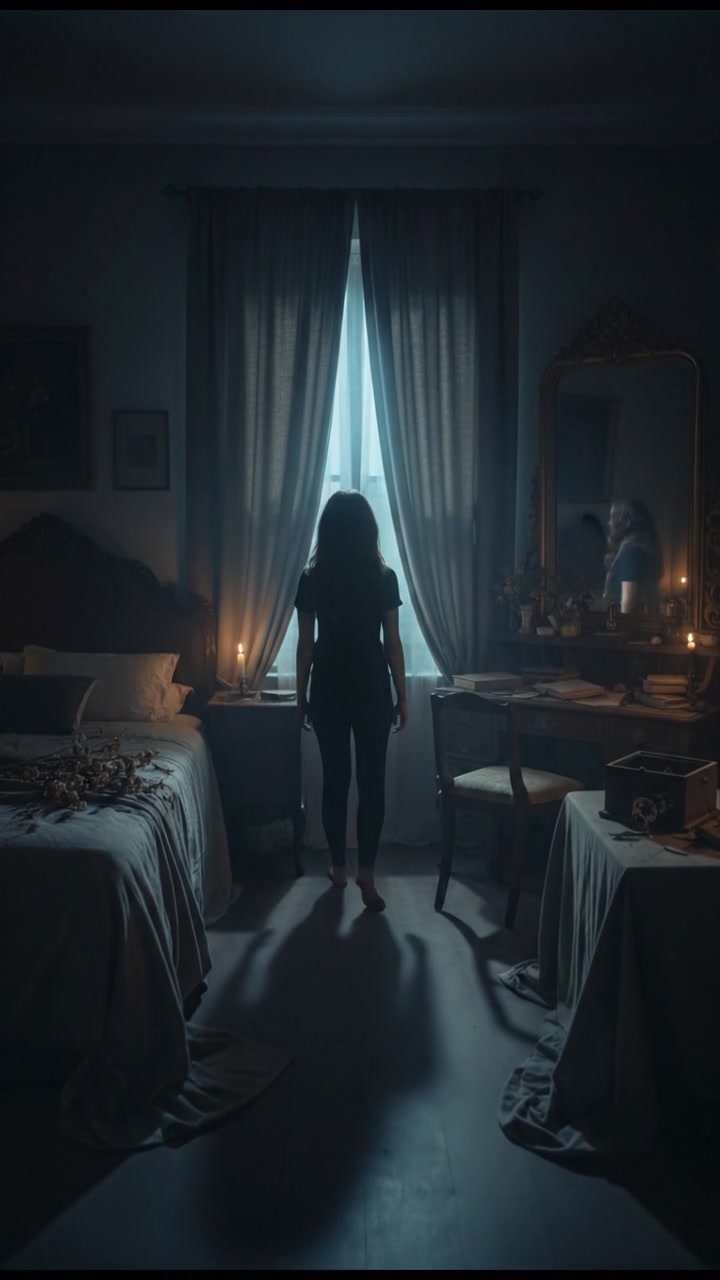 Priya's bedroom with a heavy, eerie atmosphere, showing a stillness that feels out of place.
