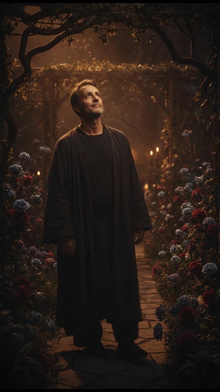 Omar standing in a serene garden, gazing peacefully at the sky, surrounded by blooming flowers.