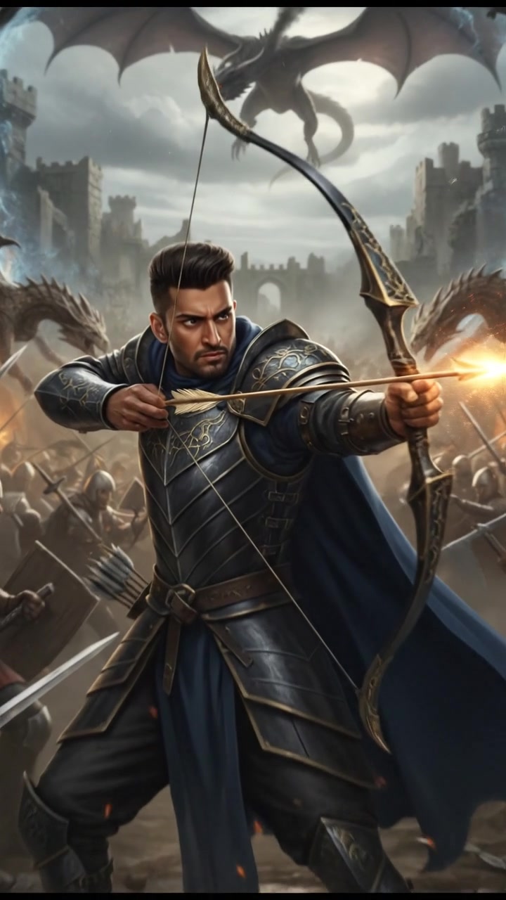 Arjun aiming his bow with determination, surrounded by chaos and intensity of battle.