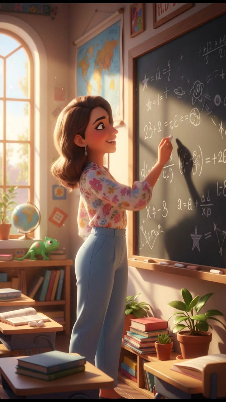 Laila stands in a bright classroom, smiling as she writes on a blackboard.