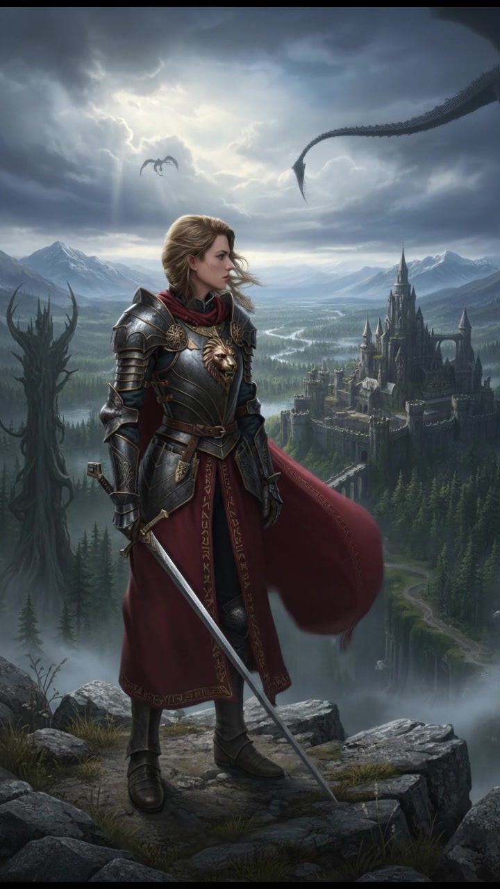 Ashley standing alone on a cliff's edge, overlooking a vast landscape under a cloudy sky.