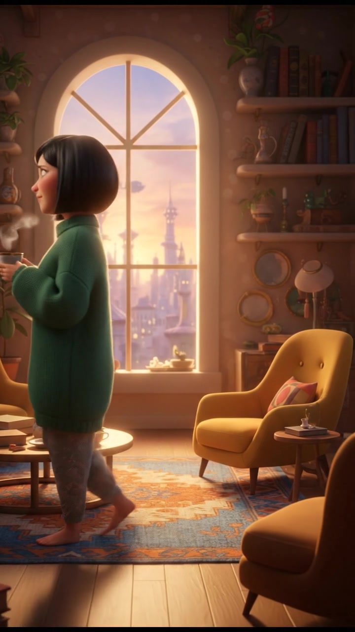 Li in a cozy living room, looking thoughtful while staring out the window, with a cup of tea in hand.