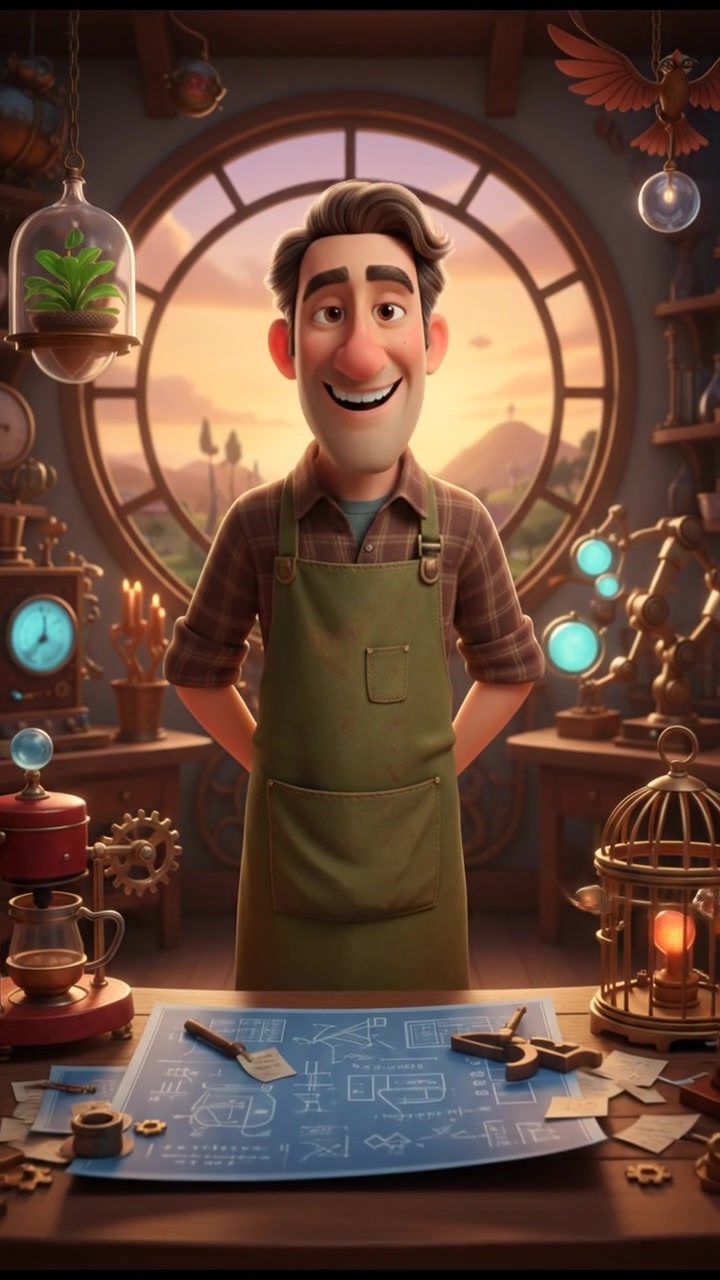 Mark in his workshop, surrounded by various gadgets and inventions, with blueprints scattered on the table.