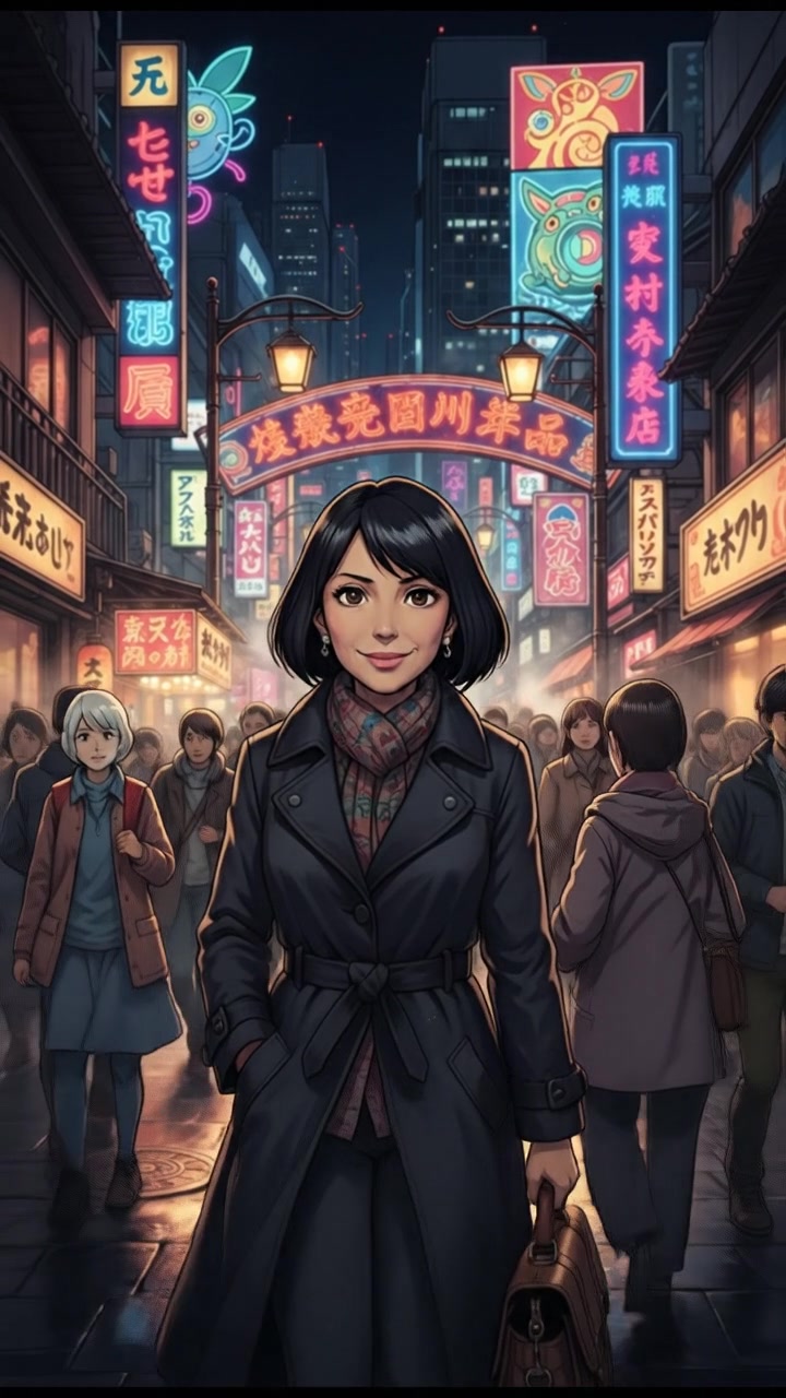 A busy street in Tokyo with neon signs and bustling people, Li seen in the distance.