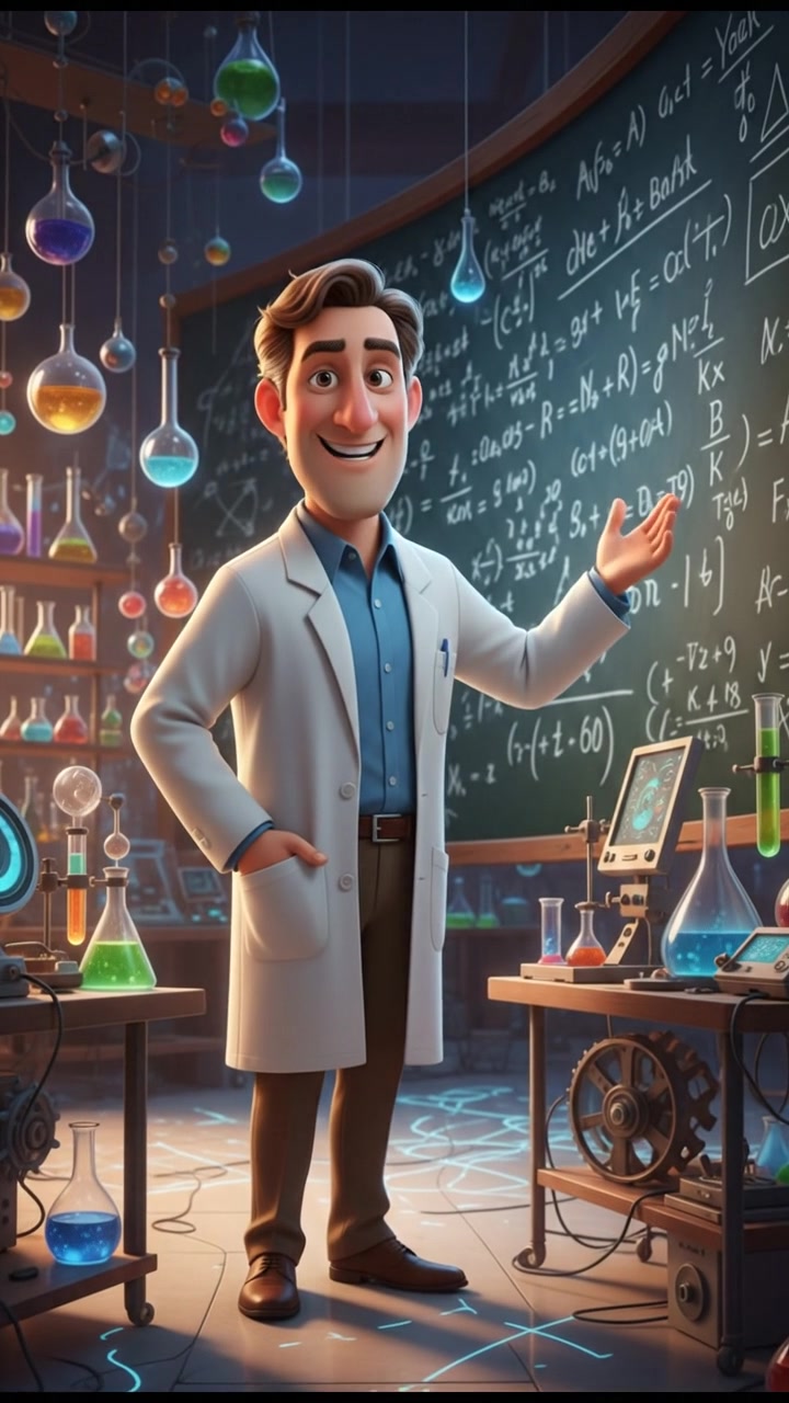 Mark in a laboratory, standing beside a large chalkboard filled with complex equations.