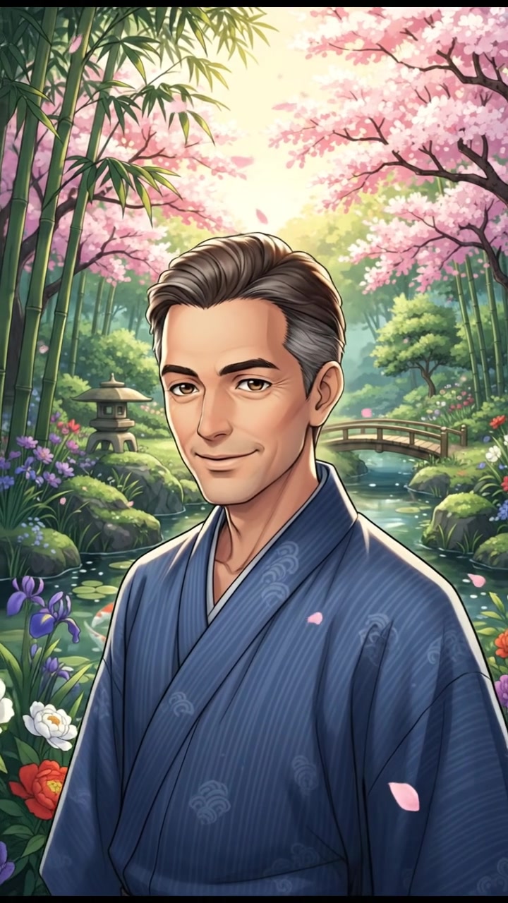 Omar, smiling gently, stands in a serene garden surrounded by lush greenery and blooming flowers.