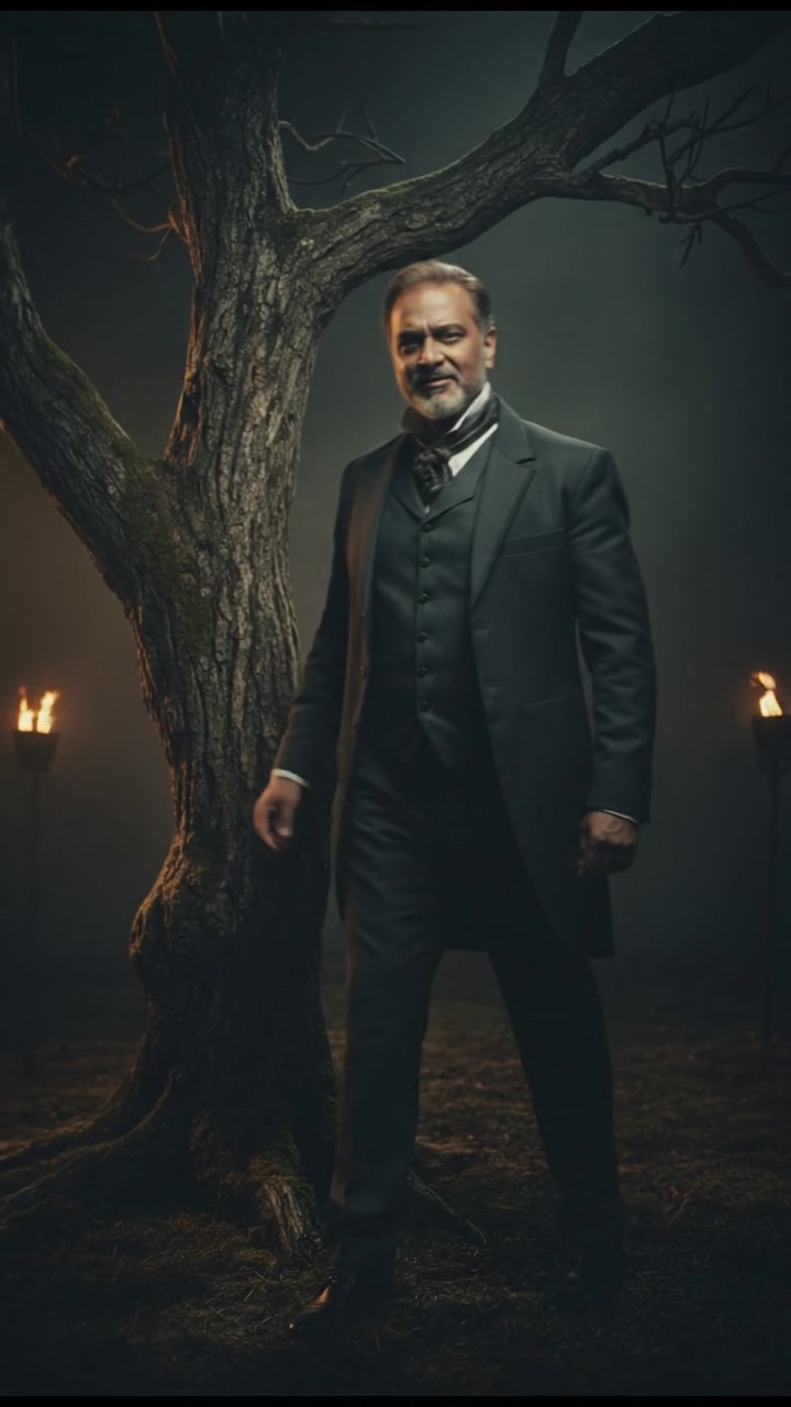 Raj standing confidently next to the tree, trying to reassure himself.