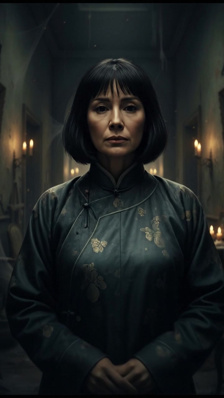 Li standing silently, looking contemplative, with an eerie hallway behind her.