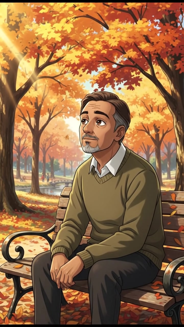 A close-up of Raj sitting alone on a park bench, looking contemplative, surrounded by autumn leaves.