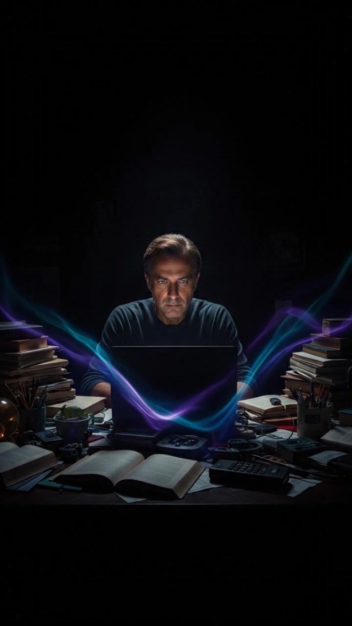 Omar sitting at a desk cluttered with papers, looking at a laptop with a serious expression.