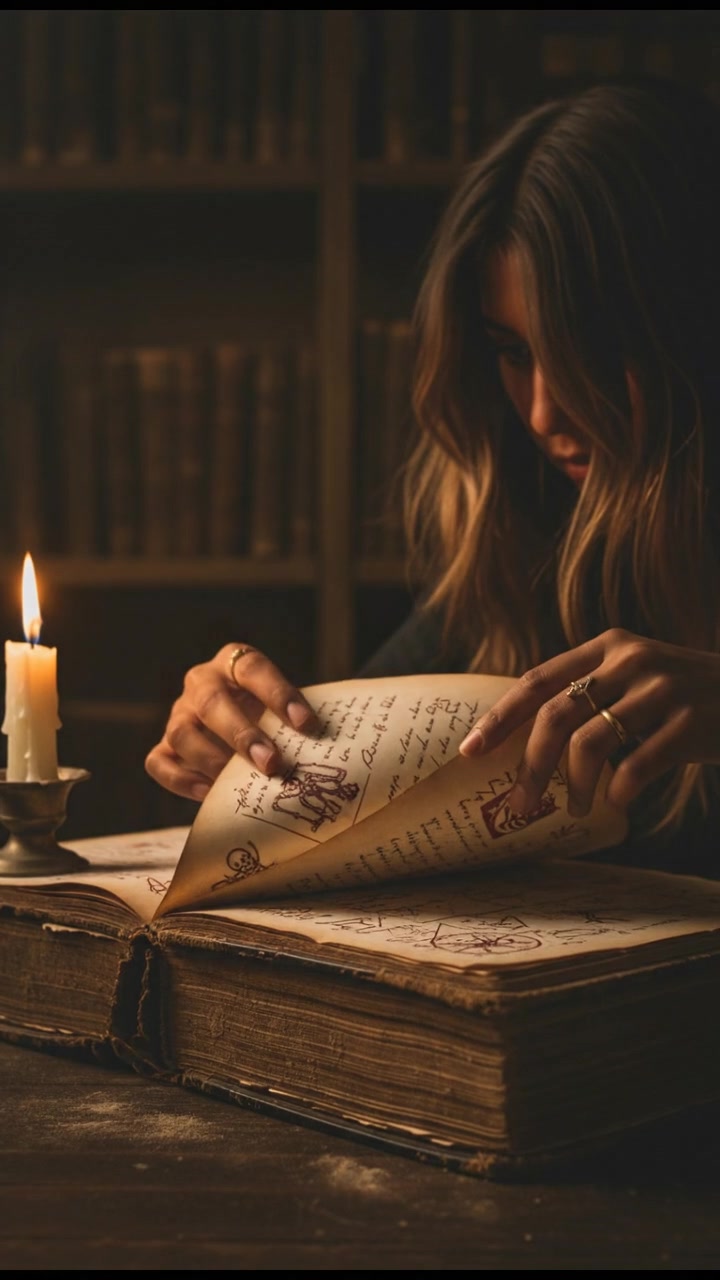 A close-up of Priya's hands flipping through the pages of an ancient book.