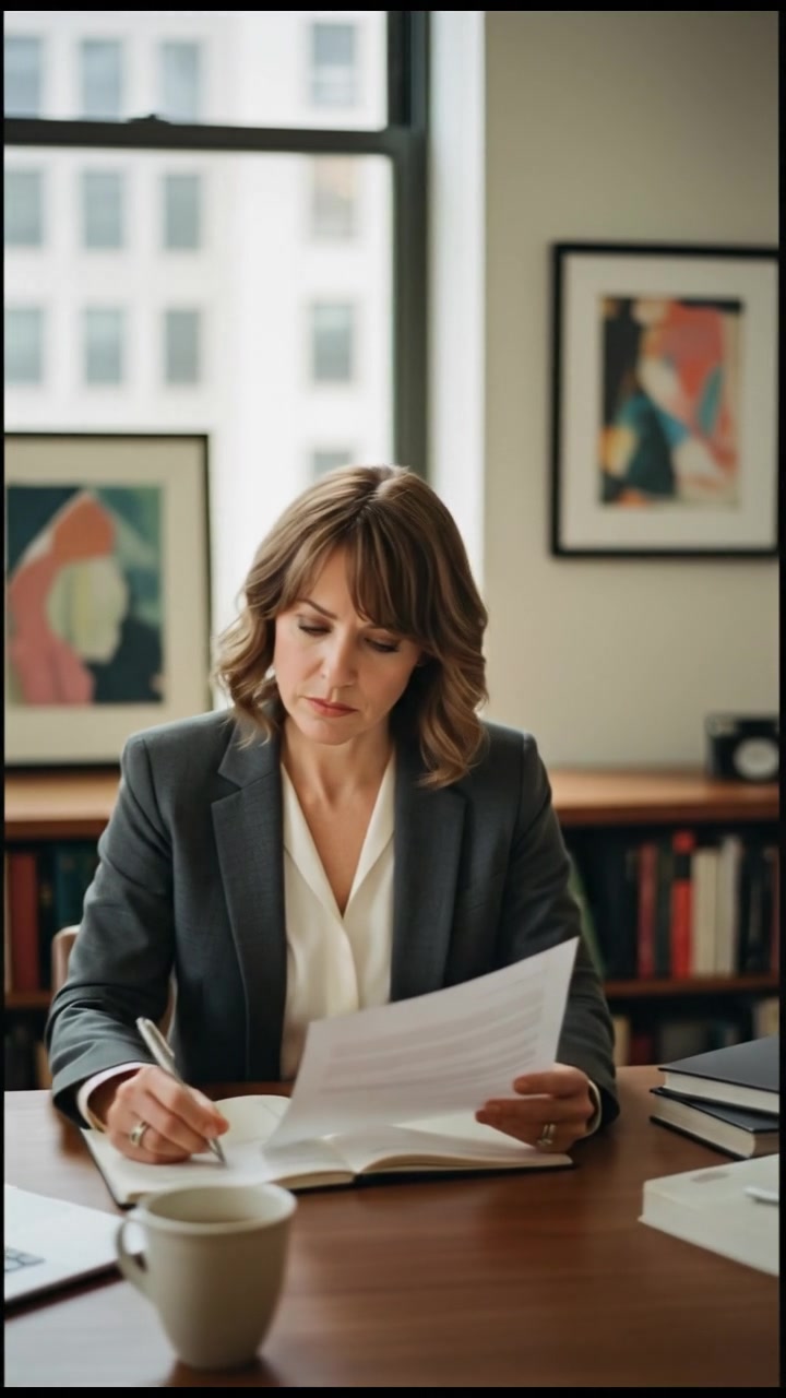 Susan reviewing a document at her office desk, taking notes with a focused expression.