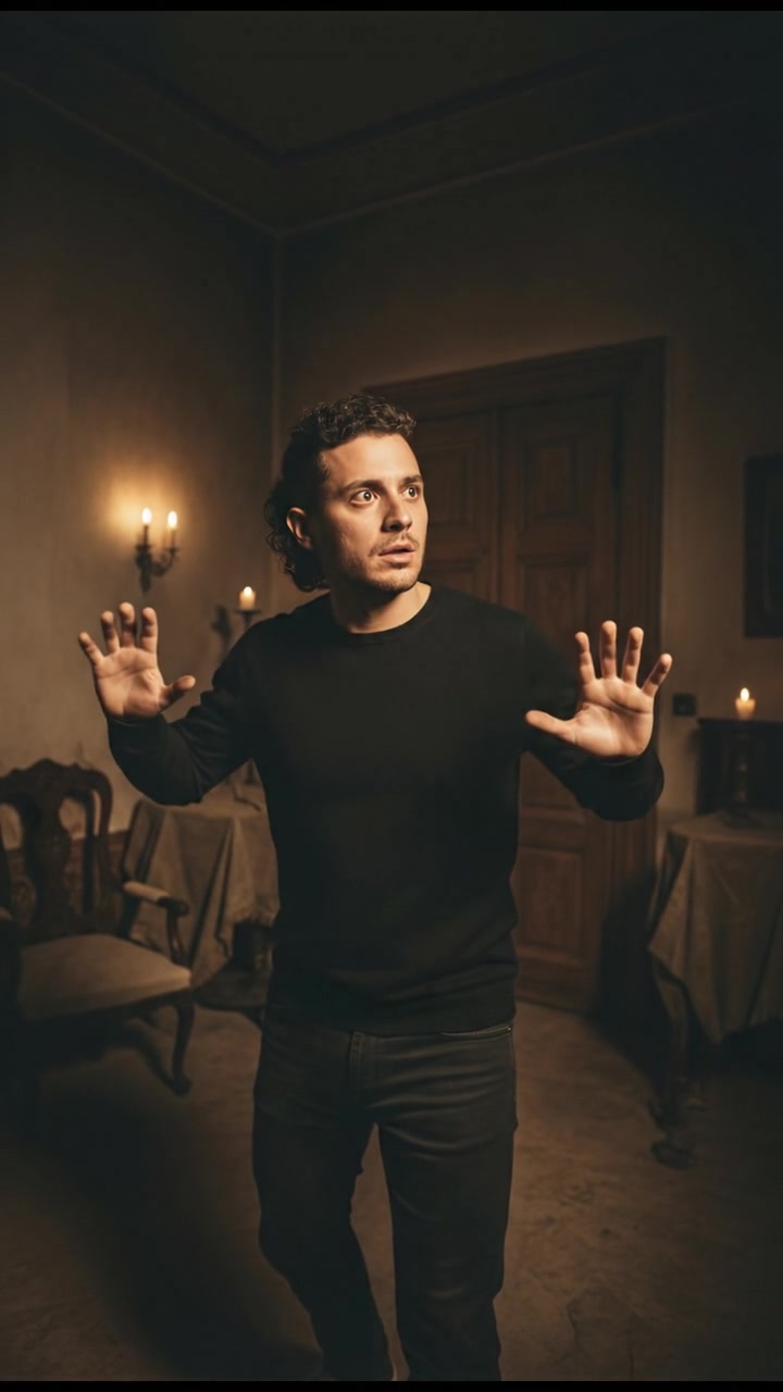 Mateo looking startled, wide-eyed, as he stares into the dark corners of the room.