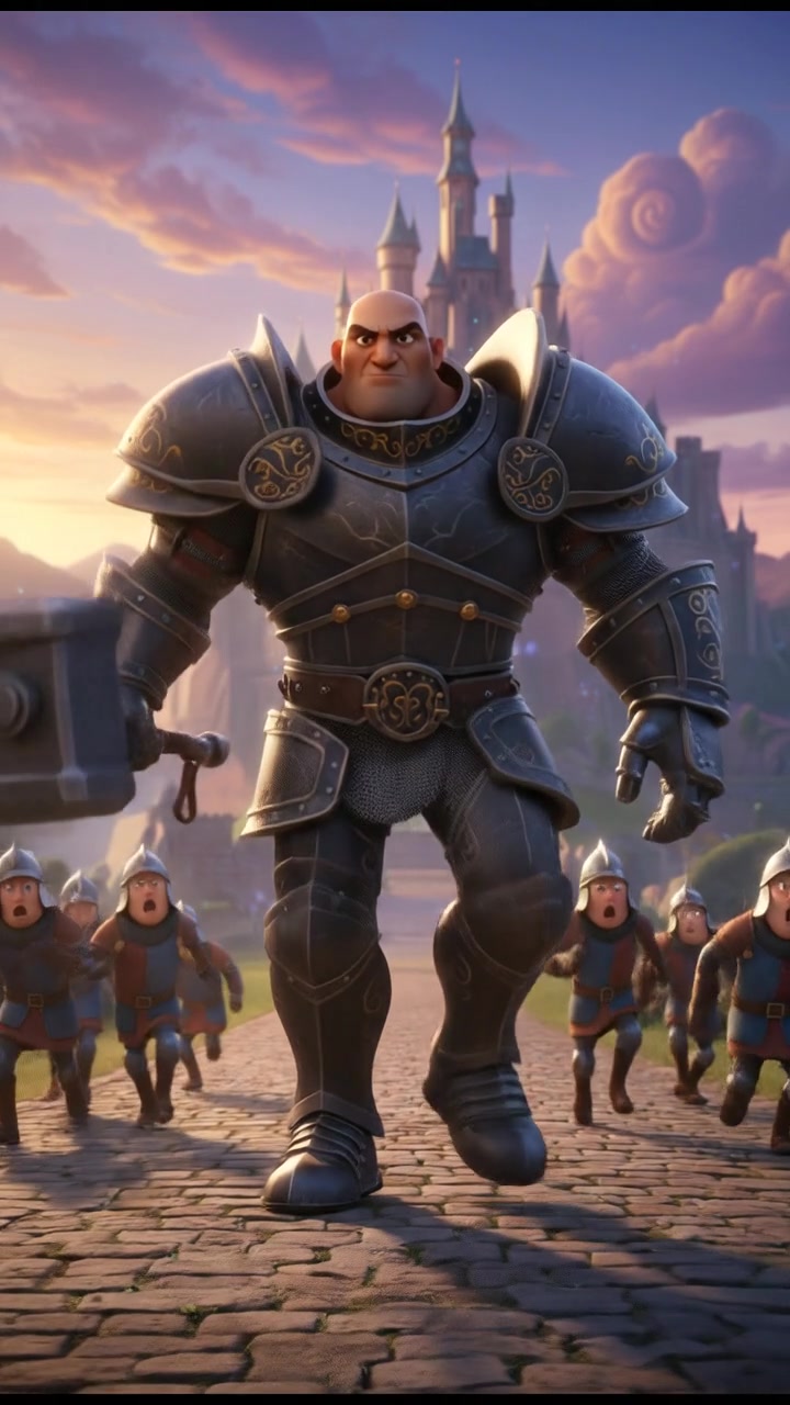 A towering figure, Carlos, in armor, stepping forward boldly toward a group of soldiers.