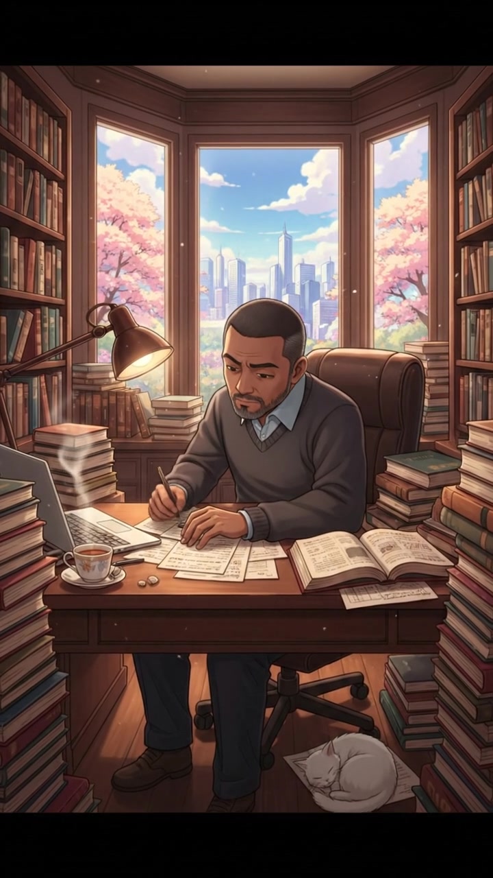 Kwame, in an office filled with books, studies intently at a desk covered in papers.
