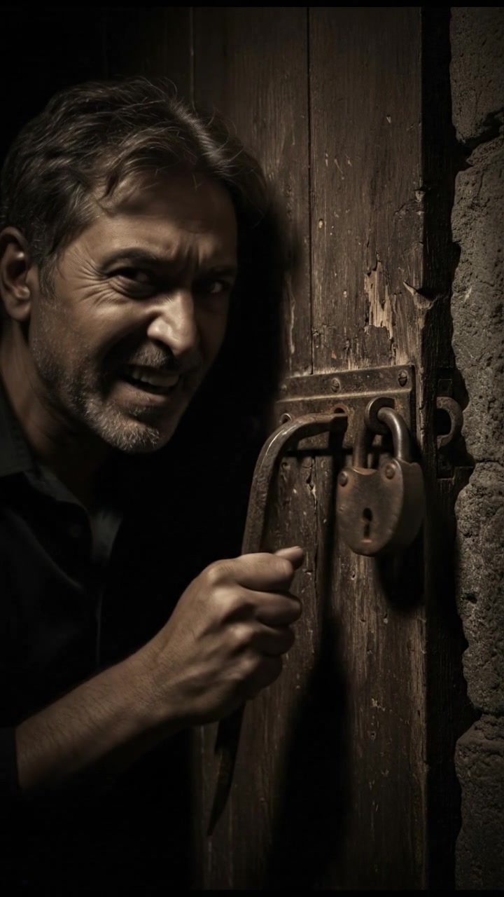 A close-up of a locked door, Raj's hand trying to break in.