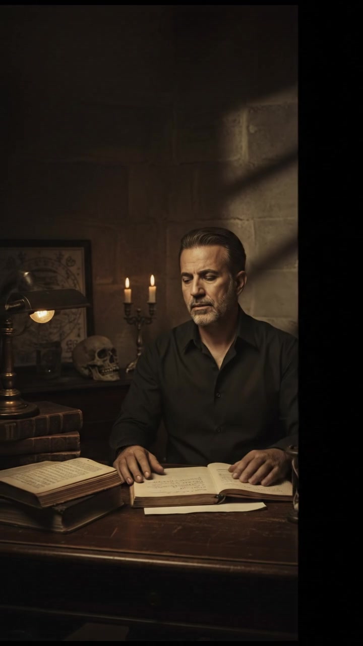 Omar sits at a desk with books open, looking thoughtfully at a notebook.