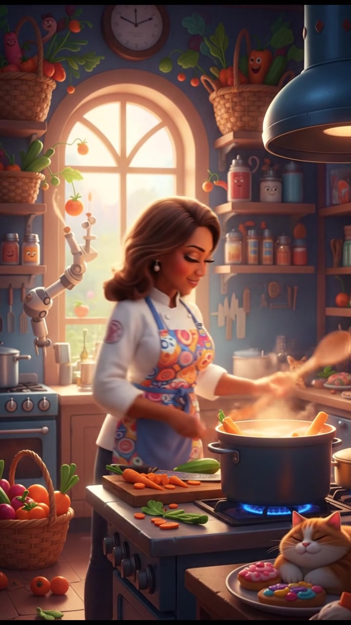 Monique in a busy kitchen, chopping vegetables and stirring a pot on the stove.