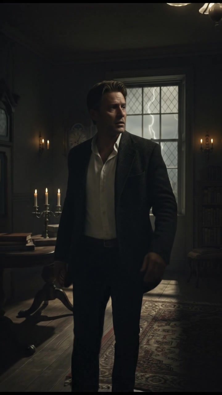 Mark paces in his living room, glancing anxiously at the window.