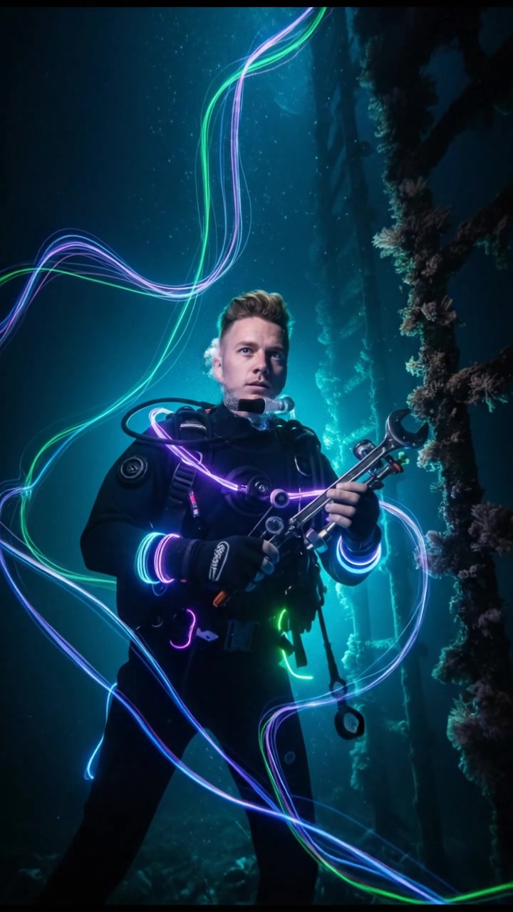 Ryan in scuba gear checks equipment on the Draugen oil platform, with tools in hand.