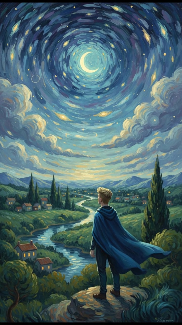 A dreamy landscape painting of swirling skies and starry nights, inspired by Van Gogh's unique artistic vision.