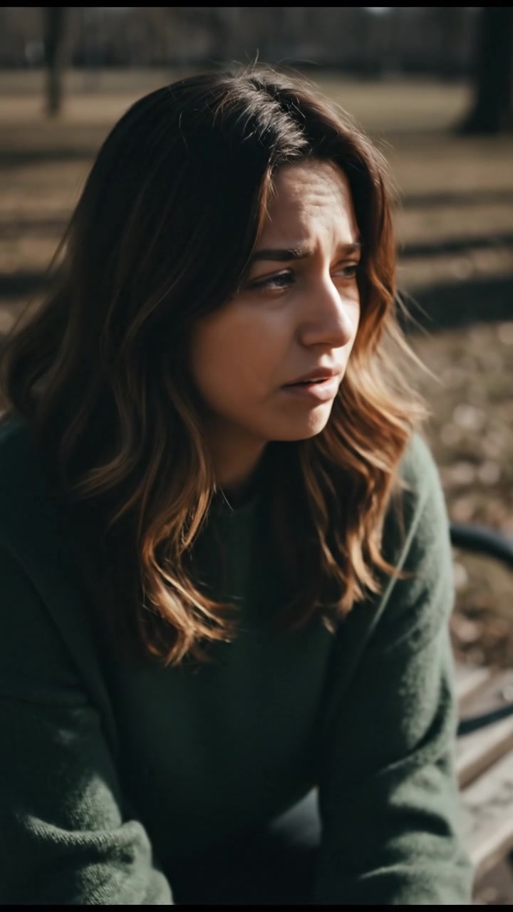 Priya sits on a bench in a quiet park, looking down and holding back tears.