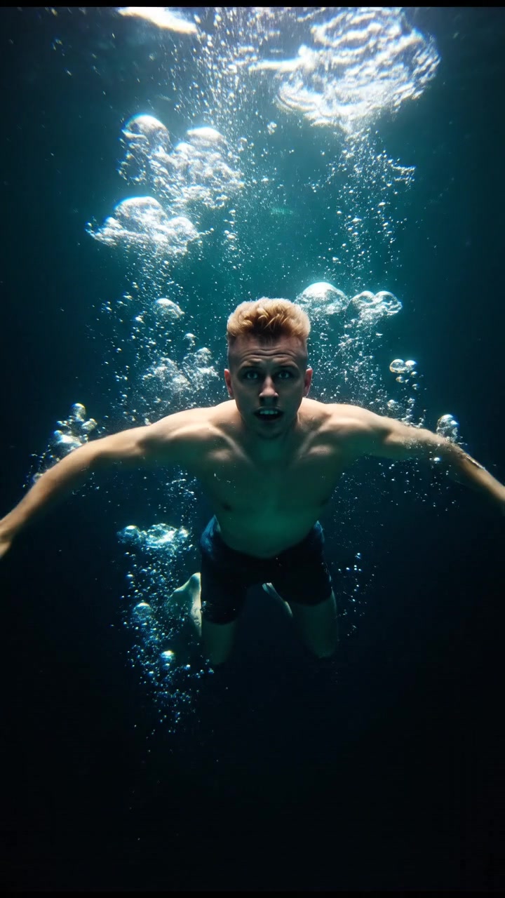 Ryan swimming frantically towards the surface, bubbles rising around him in murky water.