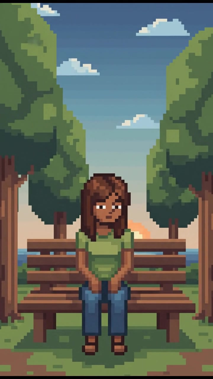 Priya sitting alone on a park bench, looking contemplative with trees in the background.