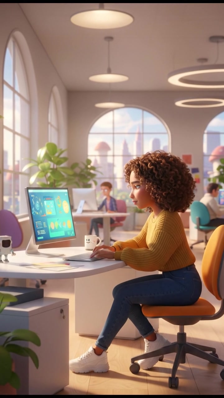 Inside a bright office, Nia sitting at her desk, looking at her computer.