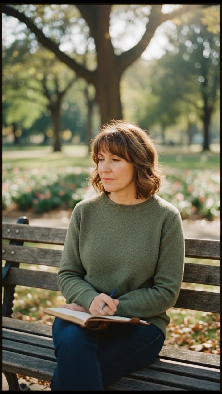 Susan sitting alone on a park bench, looking thoughtful with her notebook on her lap.