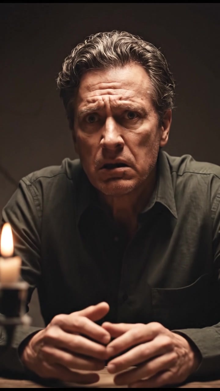 A dimly lit room with Mark sitting at a wooden table, an anxious expression on his face.