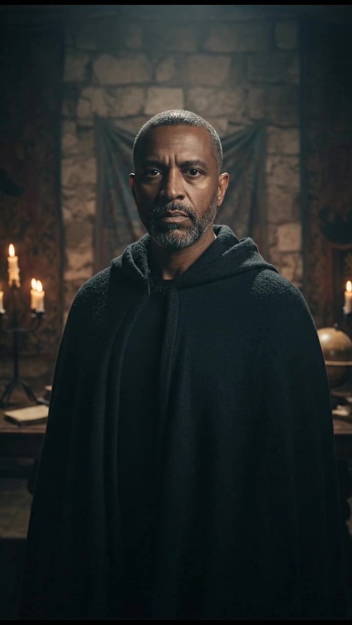 Kwame with a cold stare, asserting his ominous presence.