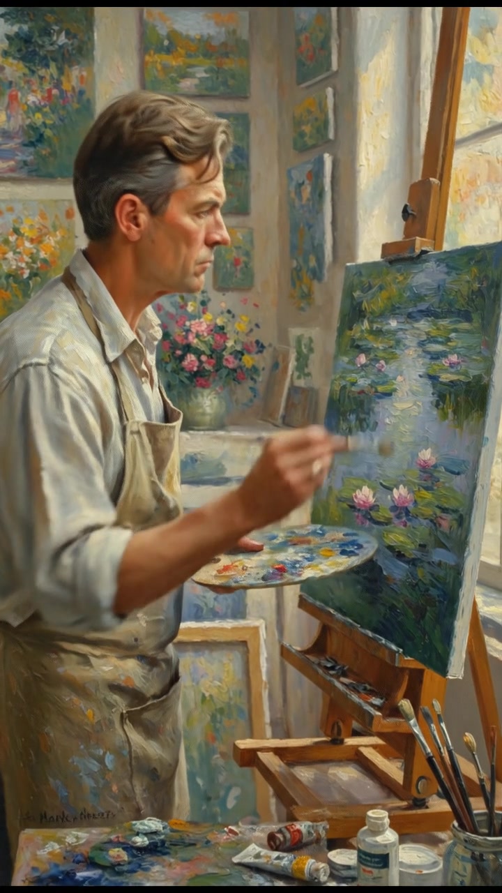 A close-up of Mark painting in his studio, surrounded by his artwork.