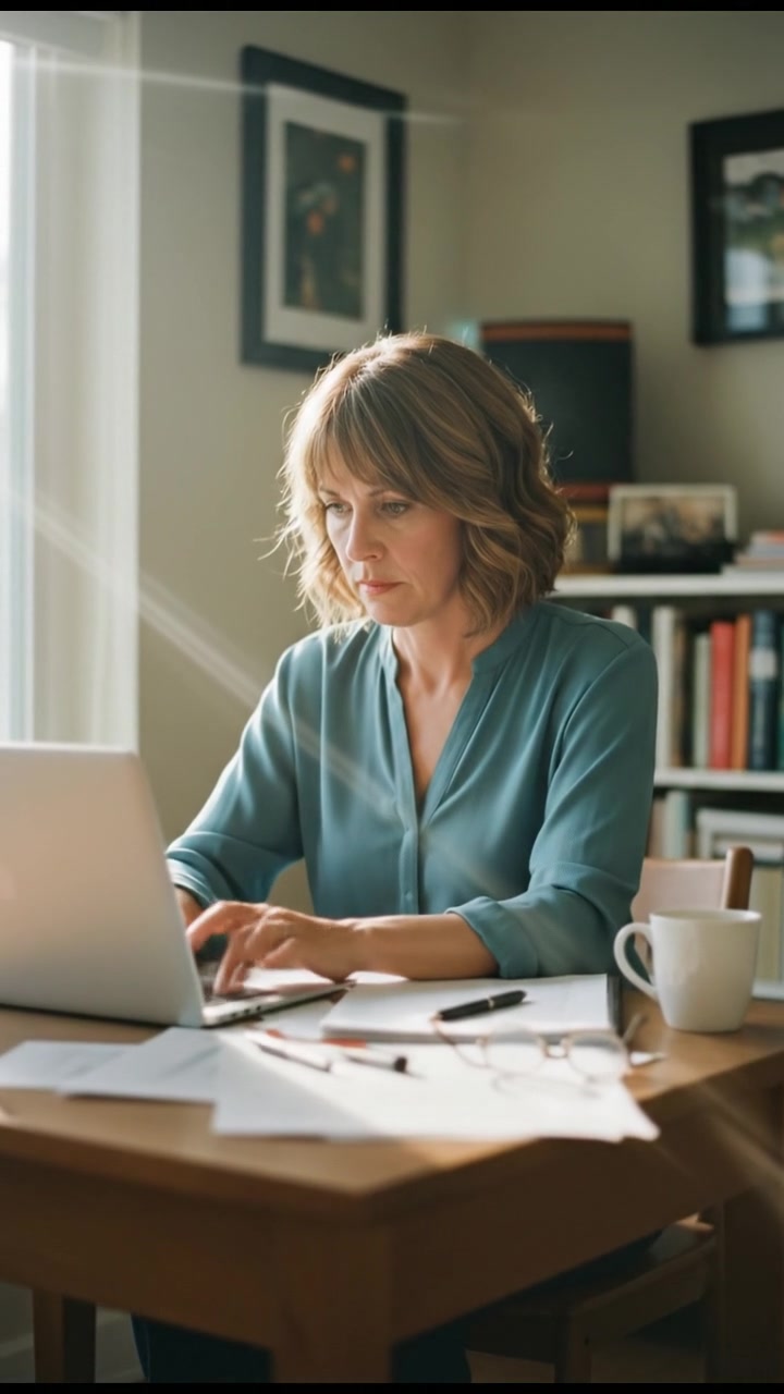 Susan at her desk working on a laptop, papers scattered around, focused and diligent.