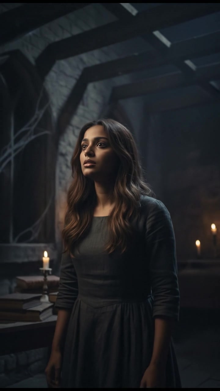 Priya biting her lip, eyes wide as she hears a distant voice calling her name.