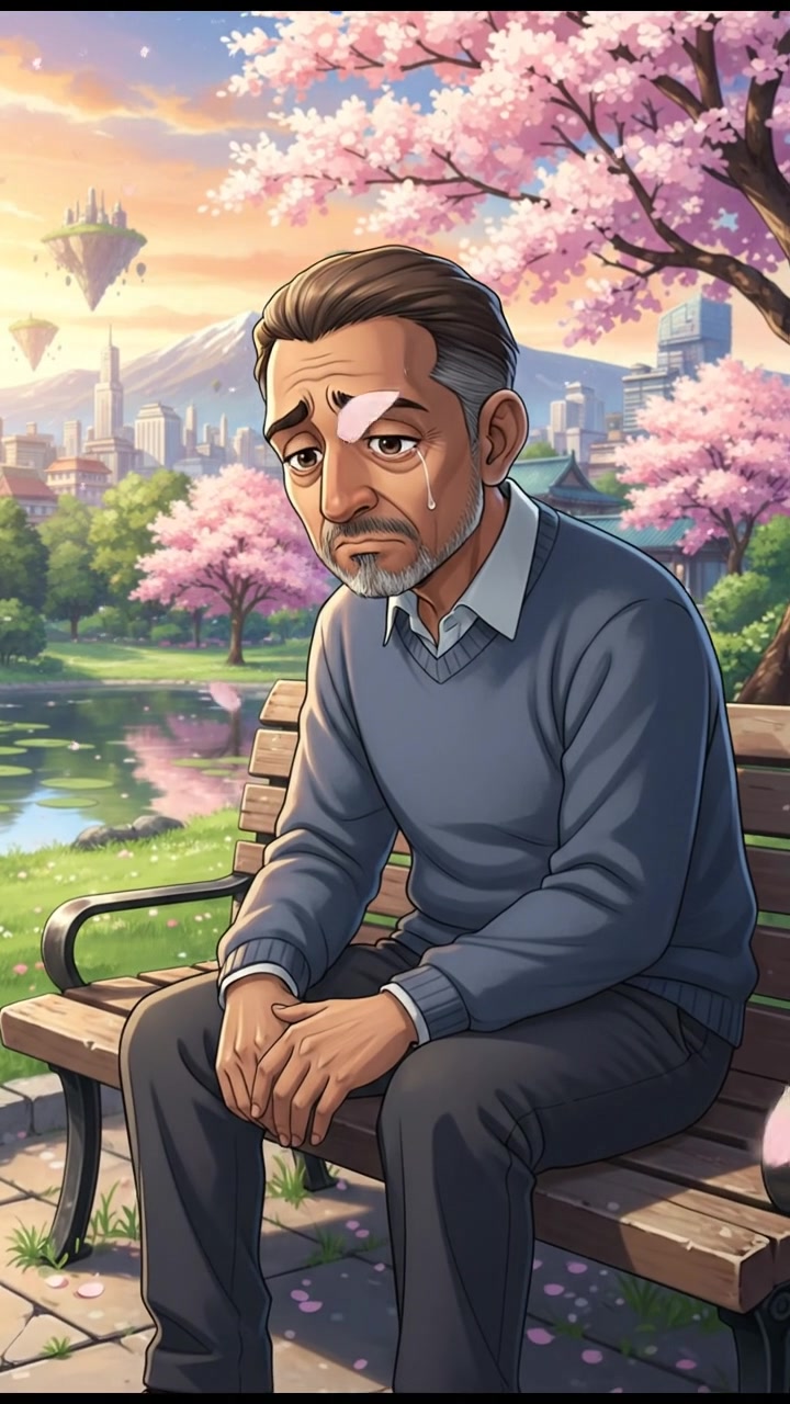 Raj sitting on a bench, looking at the ground with a sad expression.