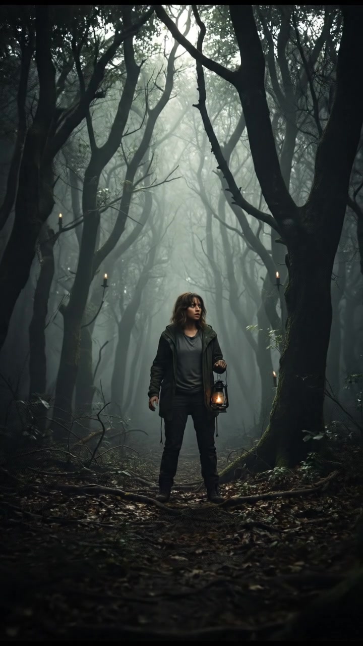 Priya standing alone in the forest, looking confused and scared.