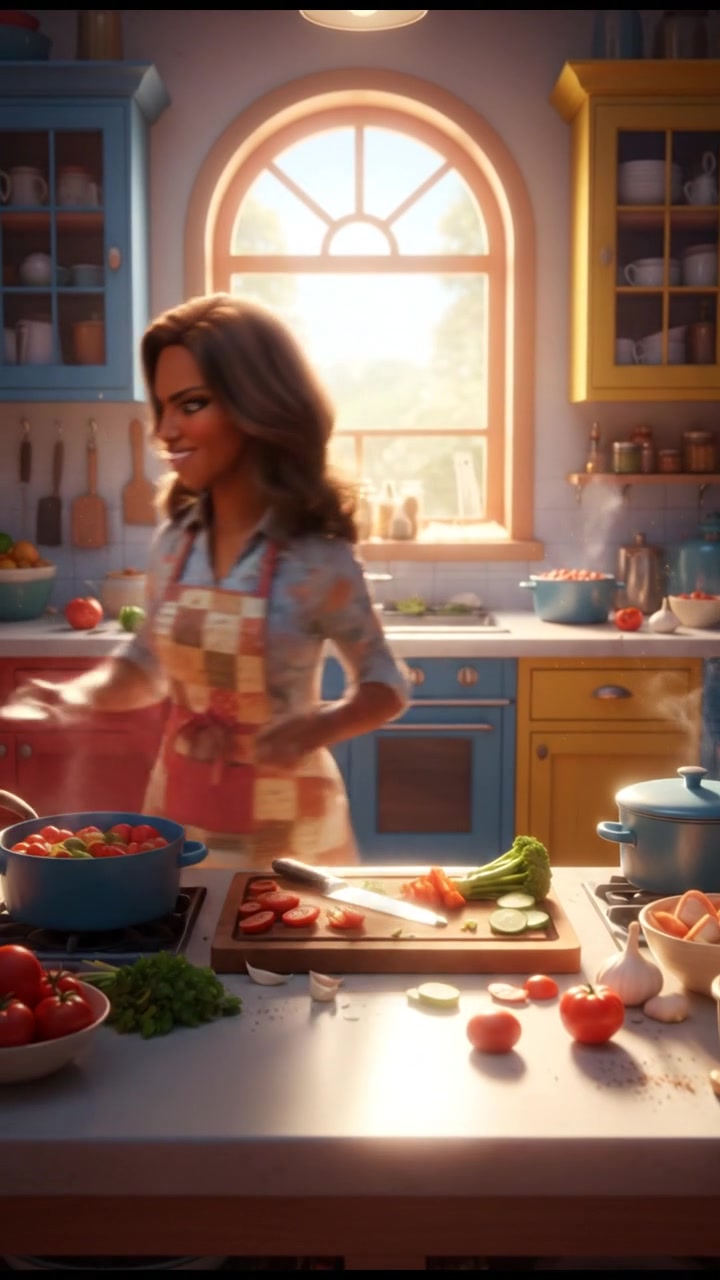 Monique standing in a kitchen, preparing a meal with determination on her face, pots and ingredients around her.