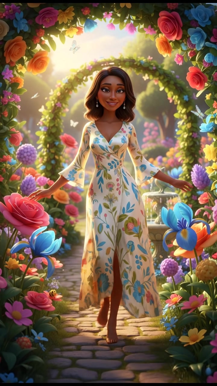 Monique standing gracefully in a sunlit garden, surrounded by blooming flowers.