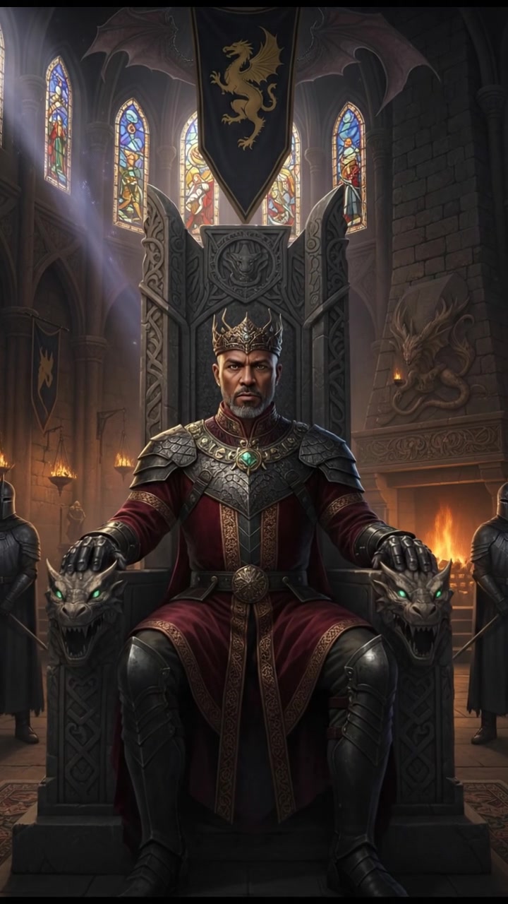 A throne room in a palace, Kwame sitting on his throne, looking authoritative.