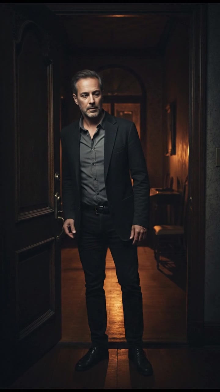 Omar standing at his front door, opening it while looking towards the hallway.