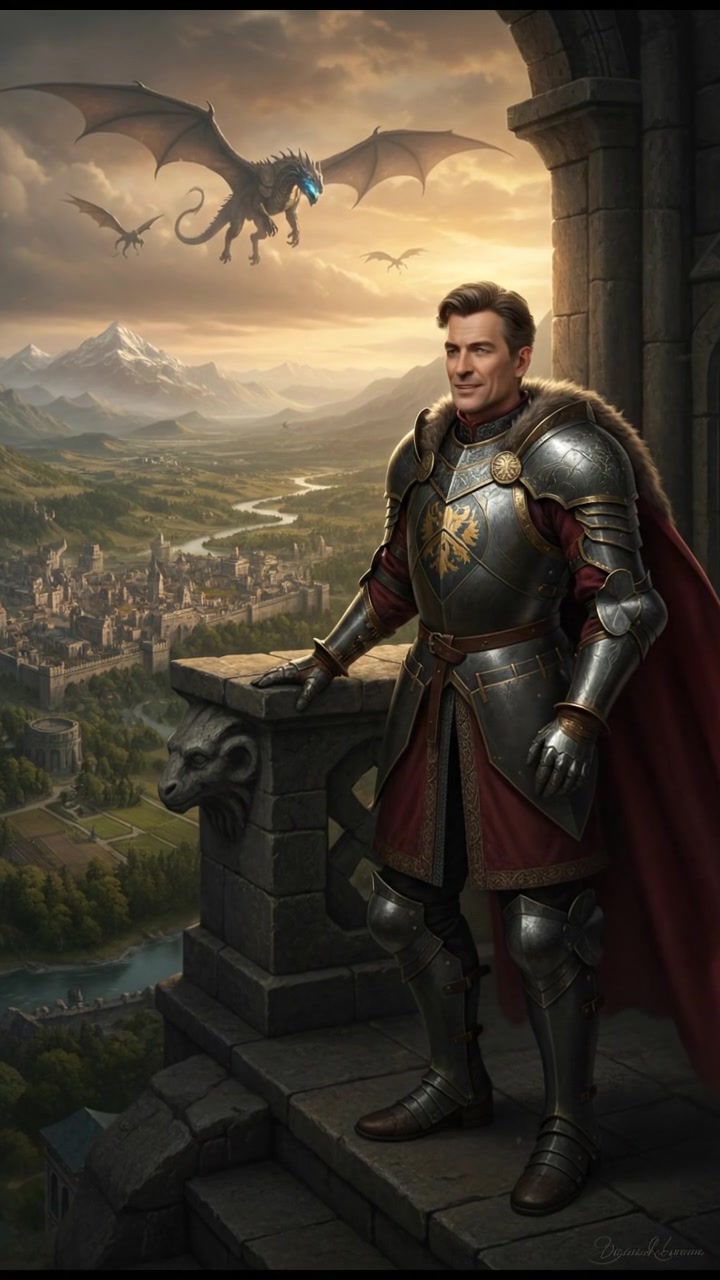 Mark stands at a grand balcony of his castle, overlooking his kingdom with a proud expression.