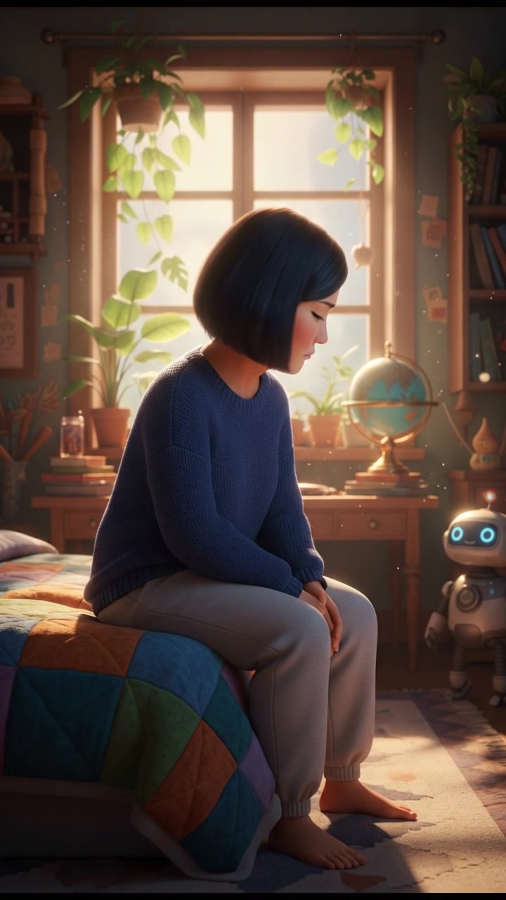 Li in her bedroom, sitting on the edge of the bed, looking thoughtful and serious.