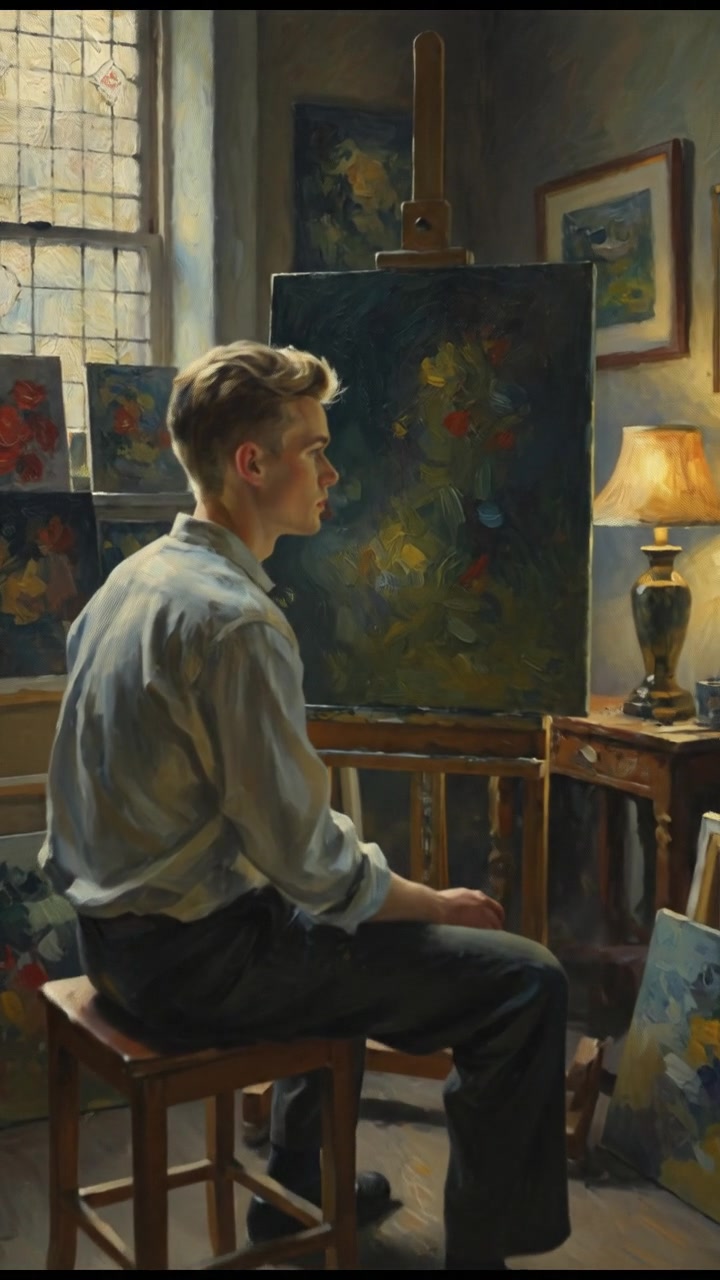 A solitary Ryan sitting in a dimly lit room, surrounded by his canvases, paintings leaning against the walls.