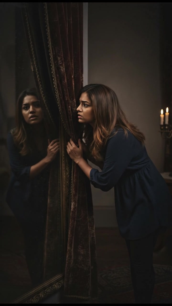Priya peering curiously at the heavy curtain covering a large mirror.