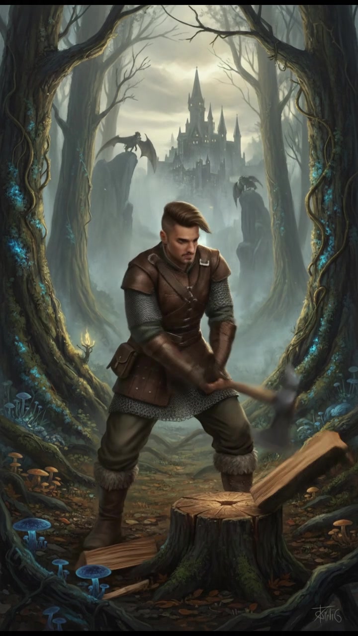Amir in a forest, chopping wood with a log and axe, surrounded by tall trees.