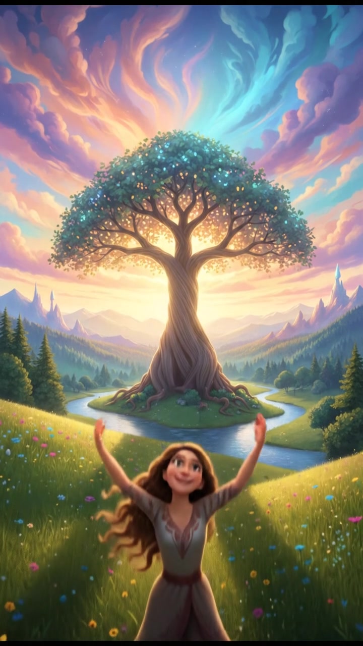 Maya standing in an open field, arms raised towards the sky, surrounded by nature.