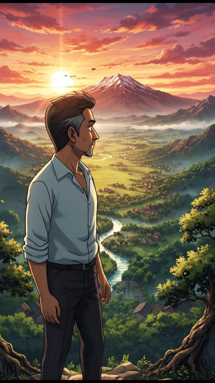 Ramesh stands on a hilltop overlooking a serene valley at sunset.