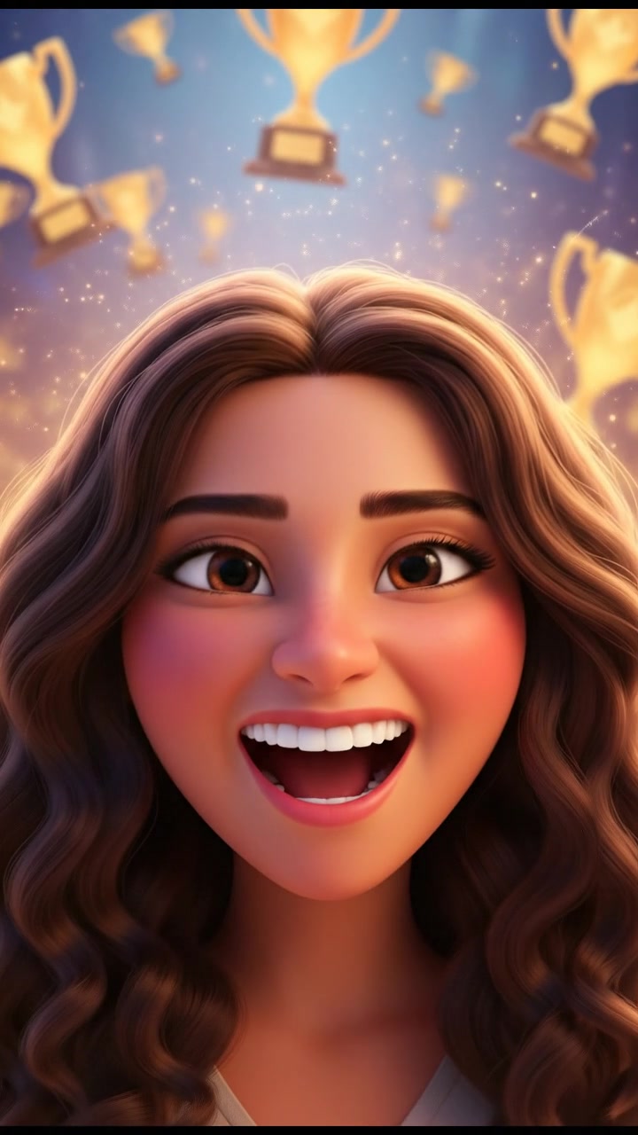 A close-up of Maya's smiling face, filled with joy and pride at her achievements.