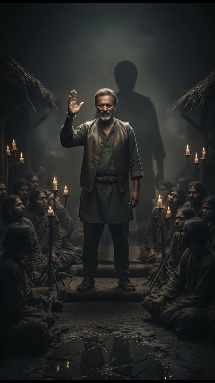 Raj standing in front of the villagers, with a determined look on his face as he prepares to speak.